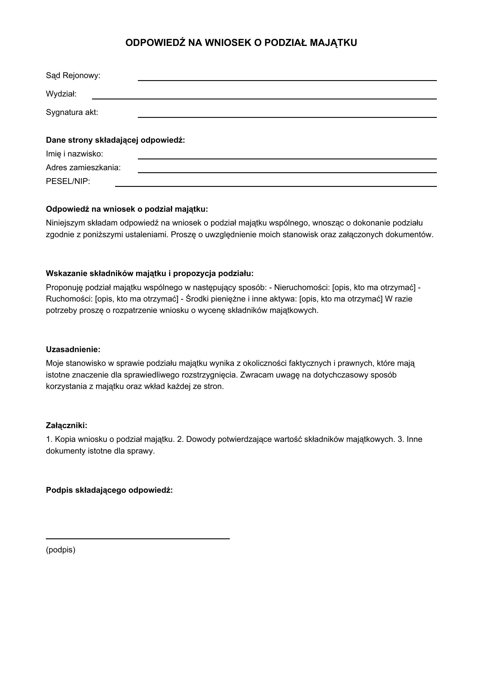 Odpowiedź Na Wniosek O Podział Majątku Wzór