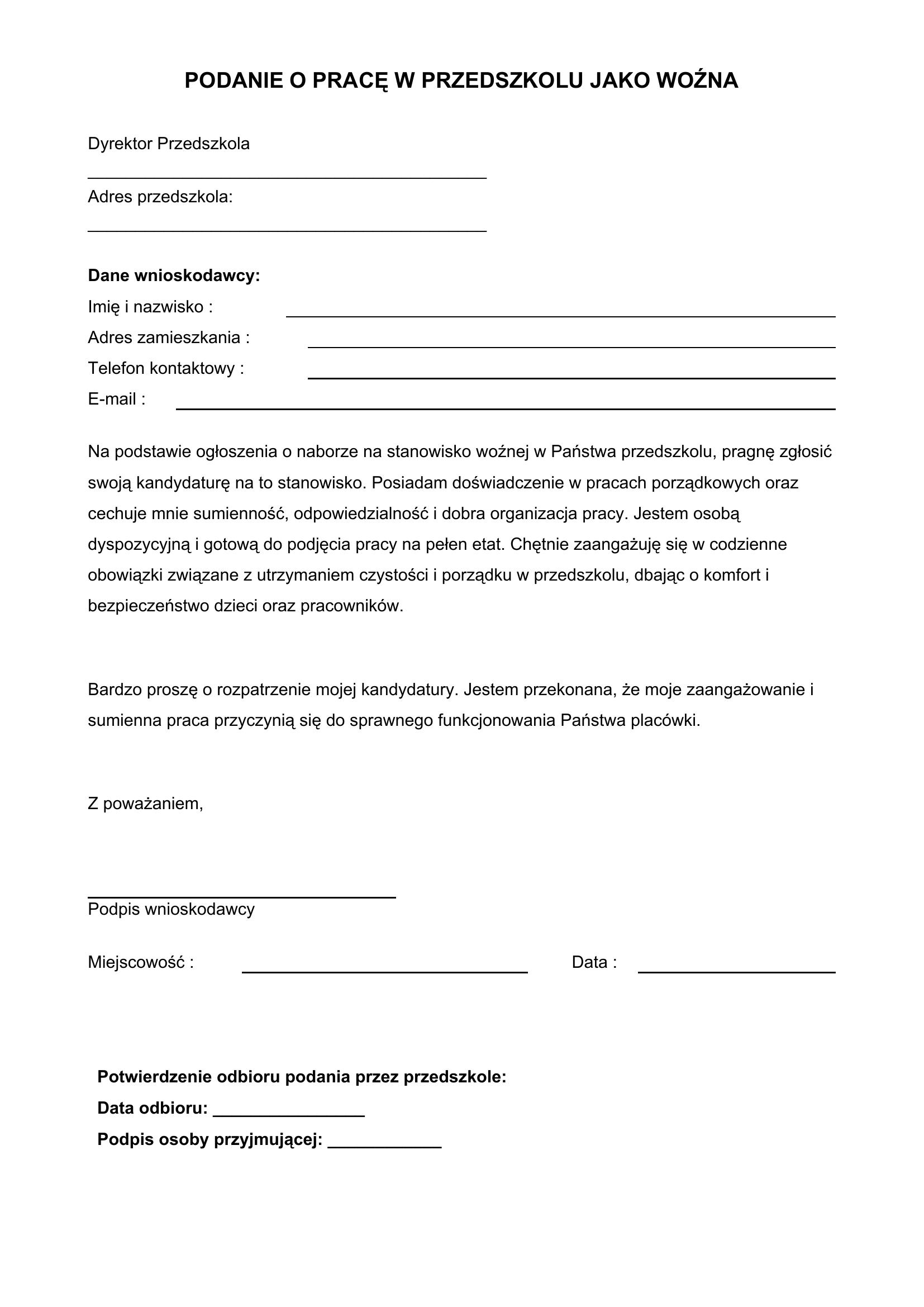 Podanie O Pracę W Przedszkolu Jako Woźna