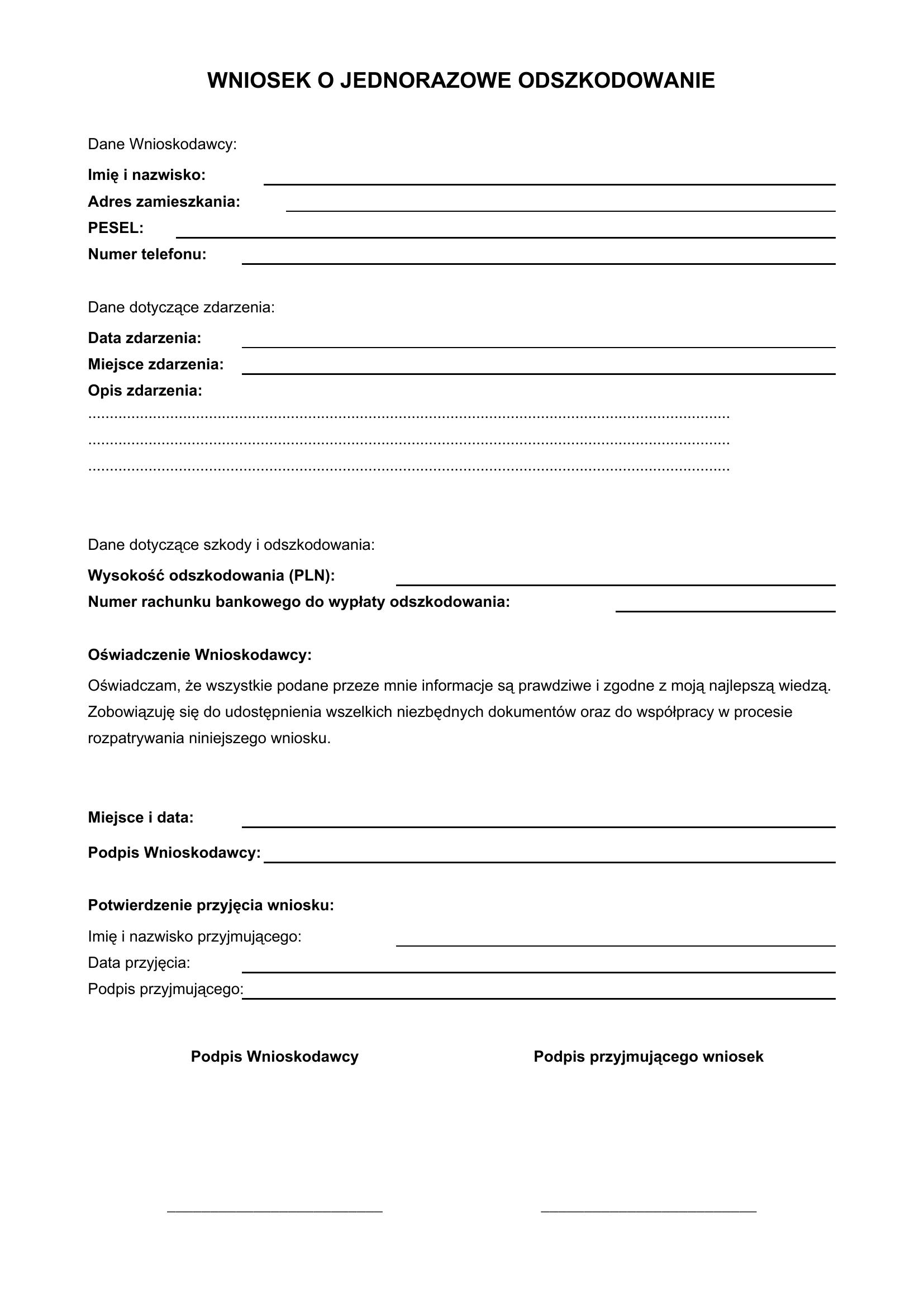 Wniosek O Jednorazowe Odszkodowanie Wzór