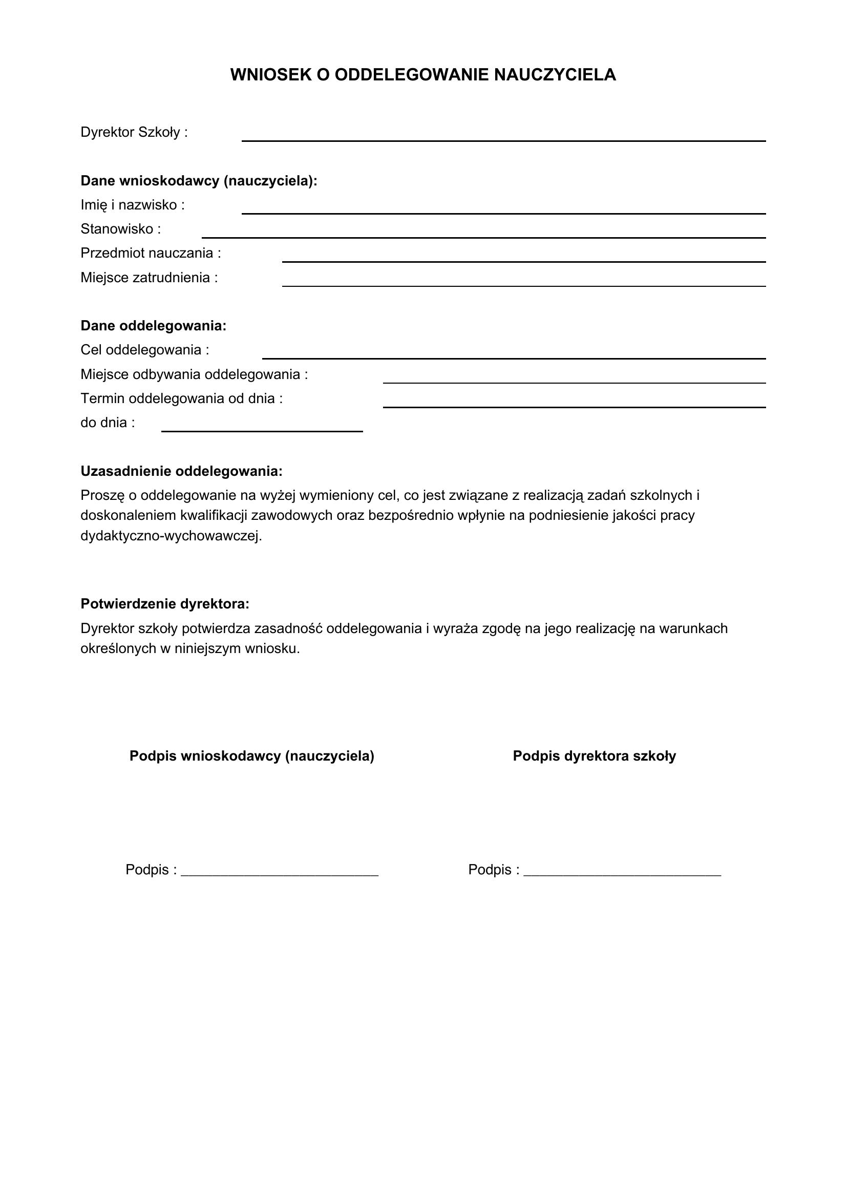 Wniosek O Oddelegowanie Nauczyciela Wzór