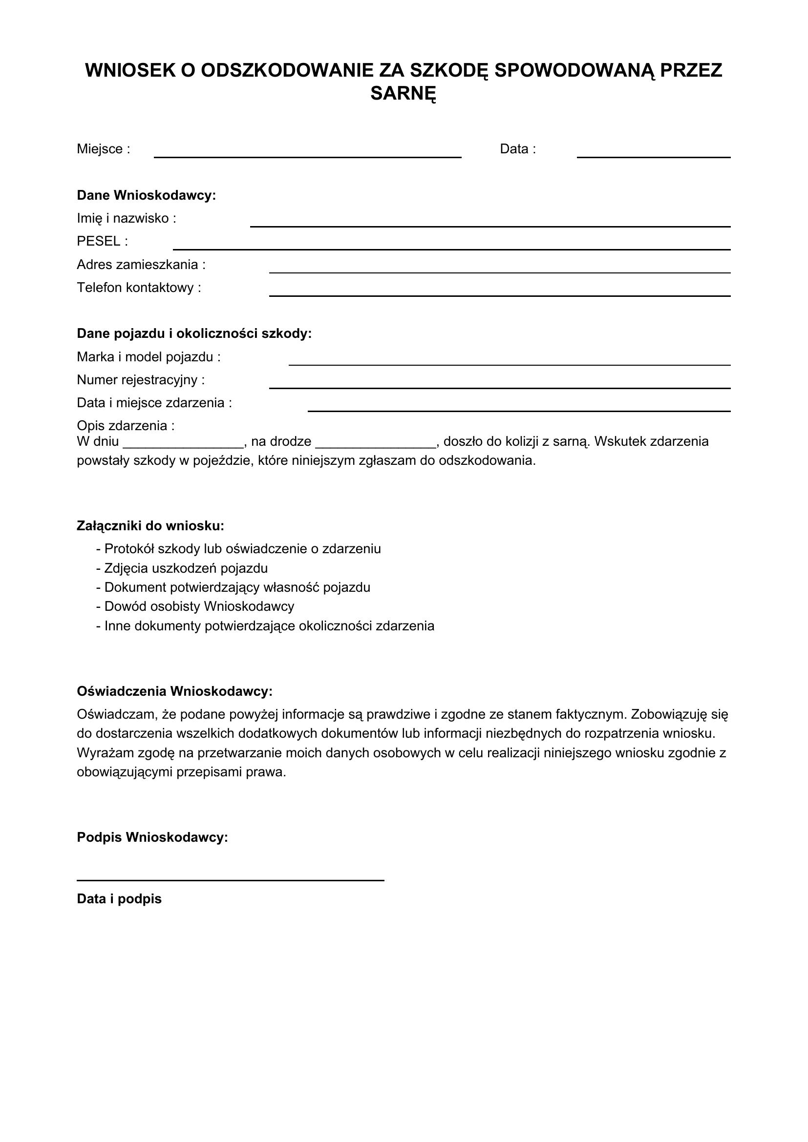 Wniosek O Odszkodowanie Sarną Wzór