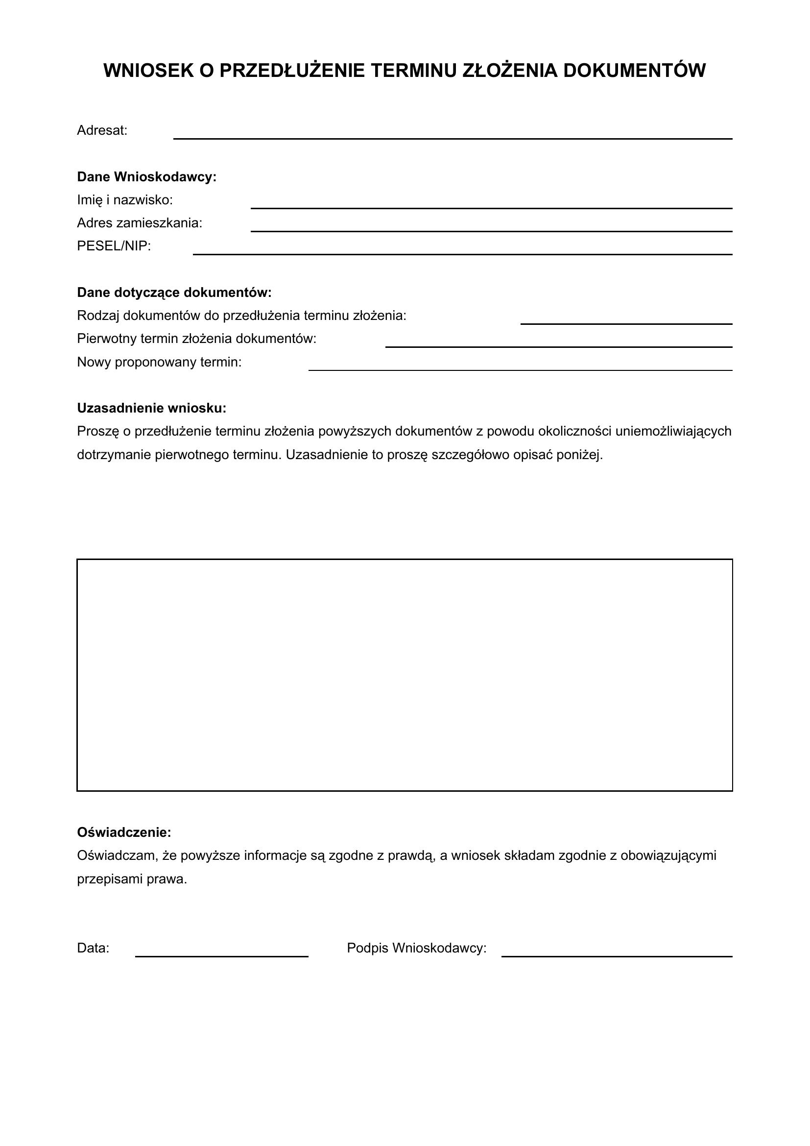 Wniosek O Przedłużenie Terminu Złożenia Dokumentów Wzór