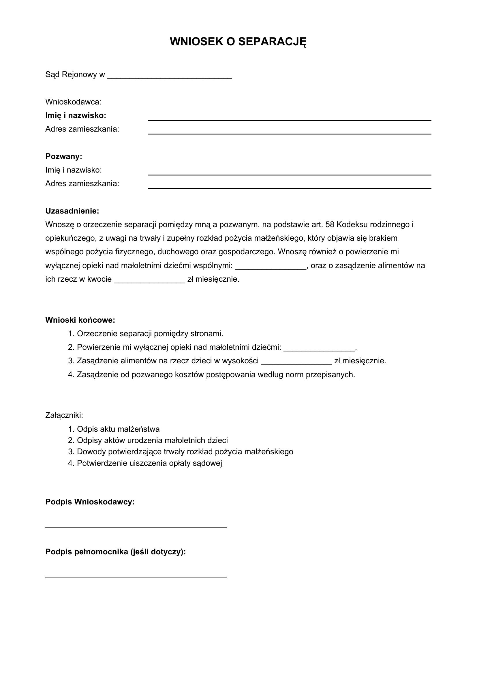 Wniosek O Separację Wzór