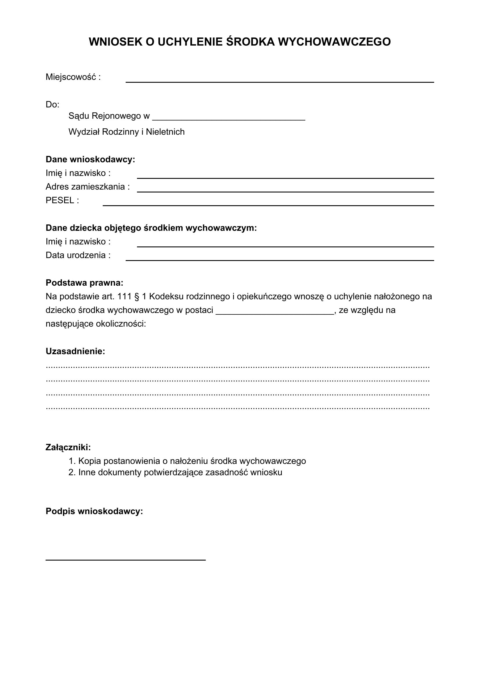 Wniosek O Uchylenie Środka Wychowawczego Wzór