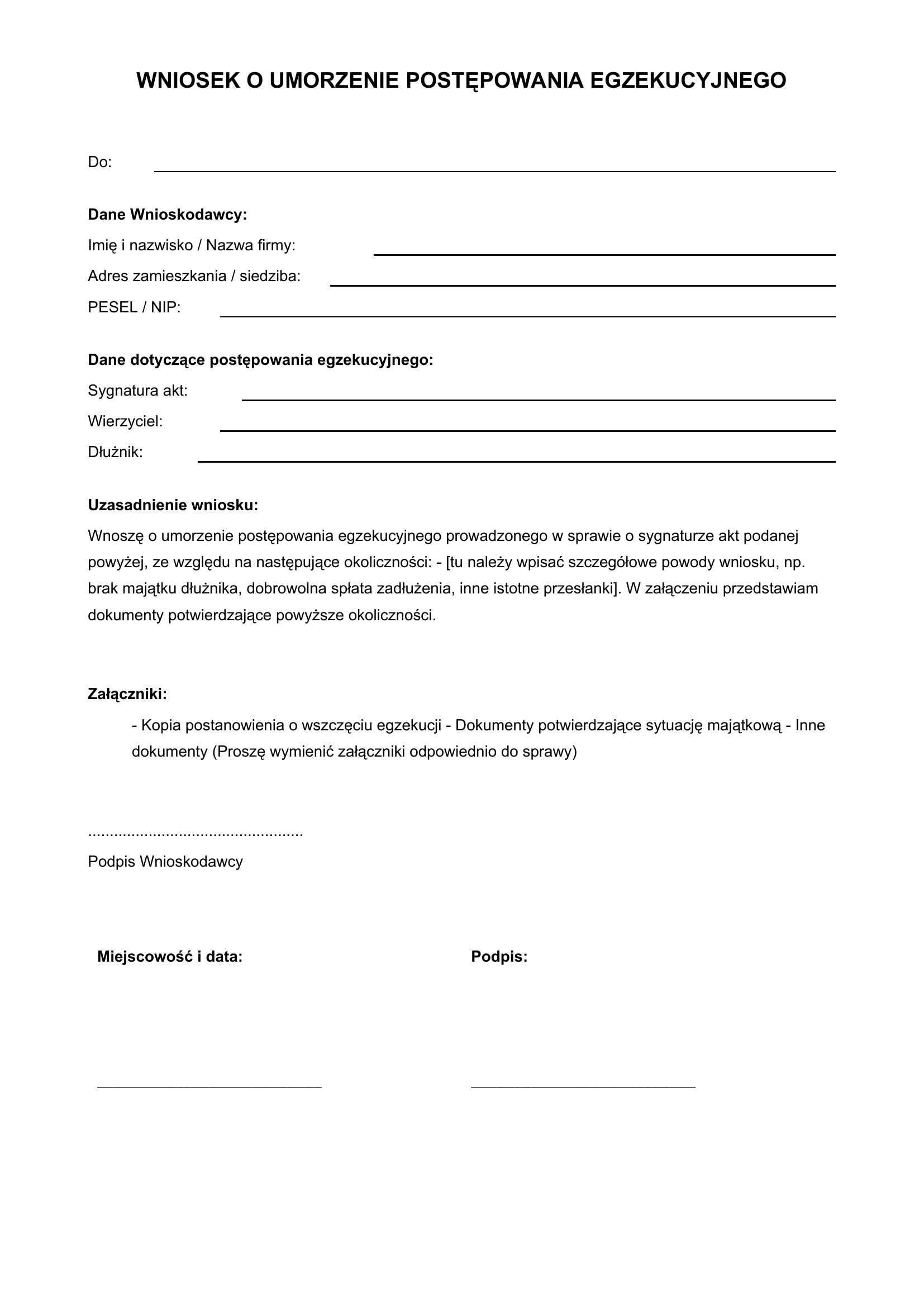 Wniosek O Umorzenie Postępowania Egzekucyjnego Wzór