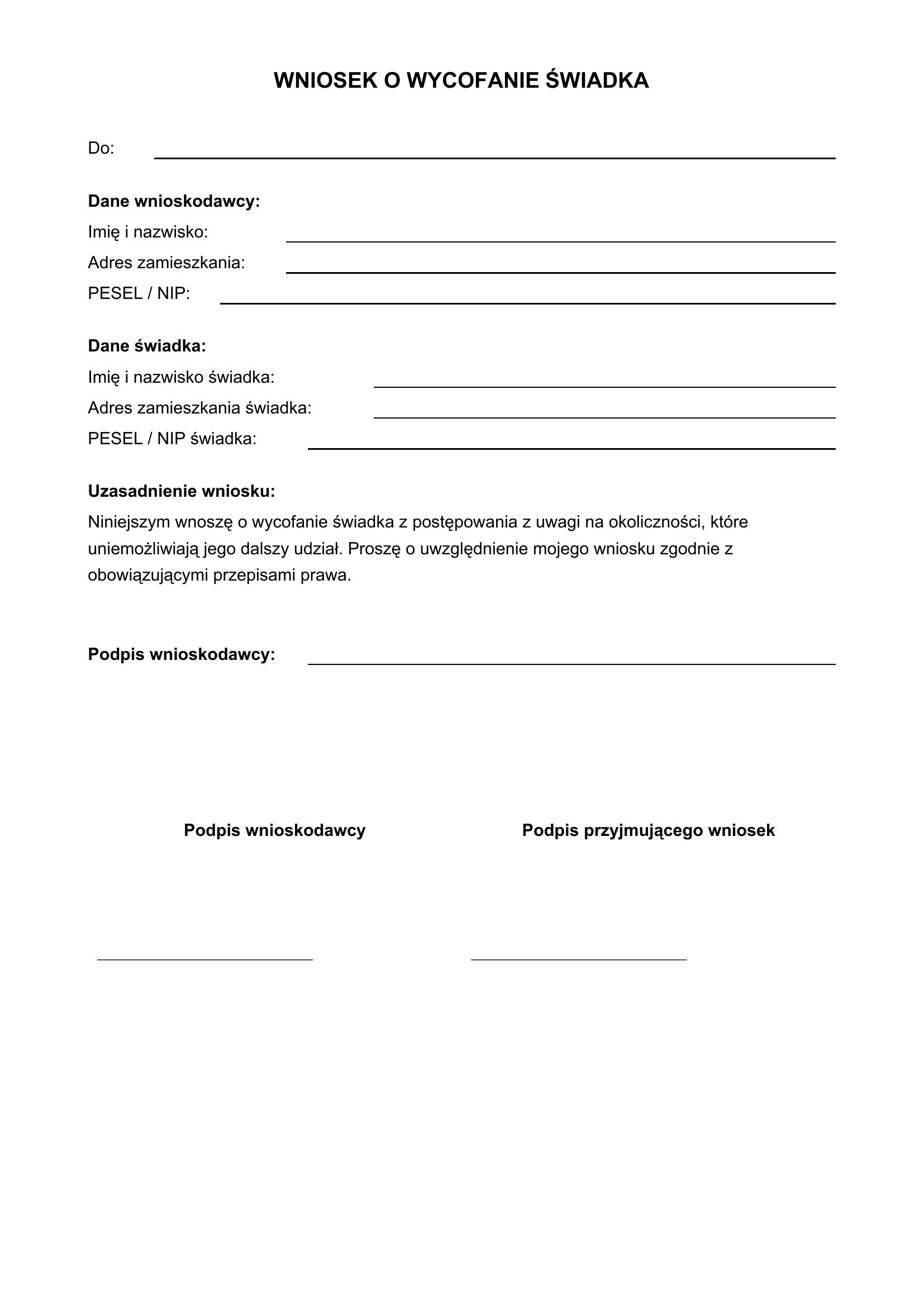 Wniosek O Wycofanie Świadka Wzór