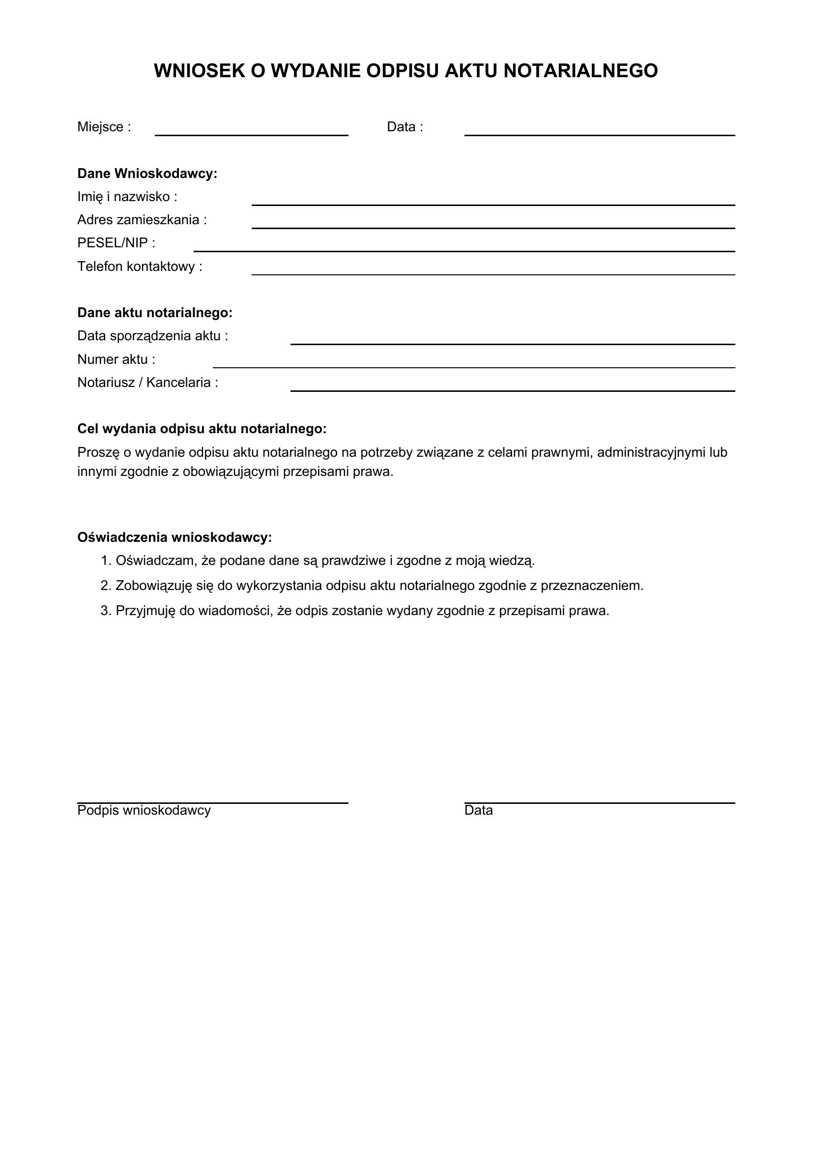 Wniosek O Wydanie Odpisu Aktu Notarialnego