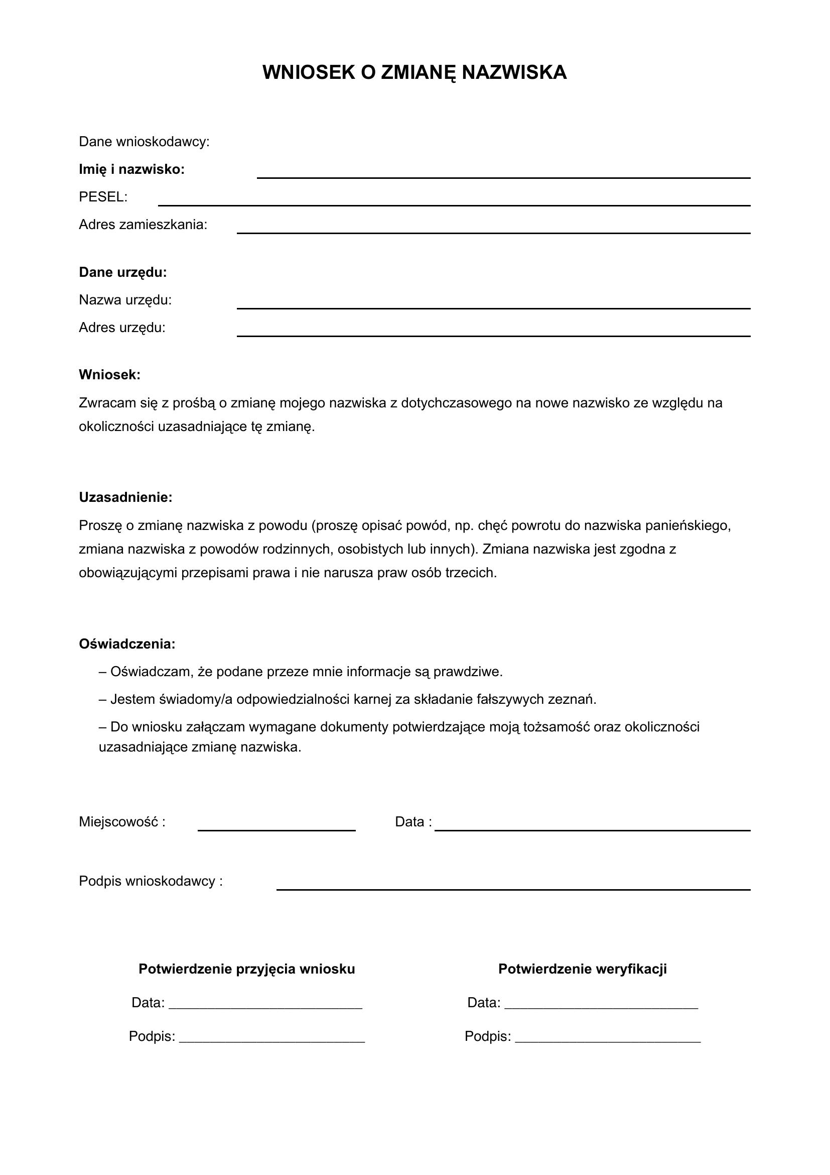 Wniosek O Zmianę Nazwiska Uzasadnienie Wzór