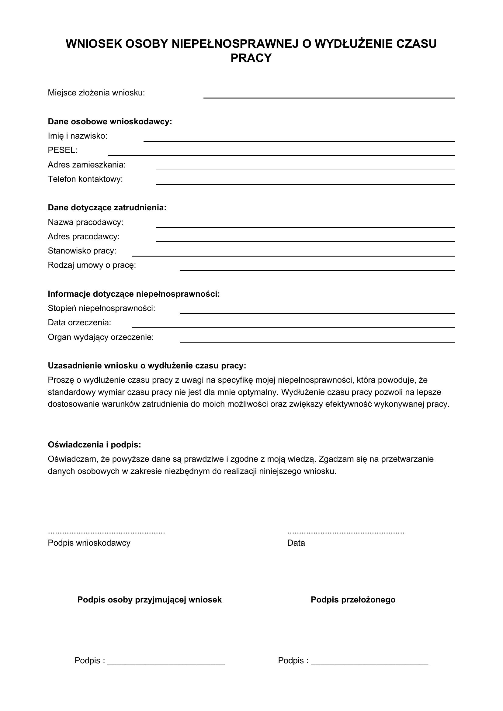 Wniosek Osoby Niepełnosprawnej O Wydłużenie Czasu Pracy