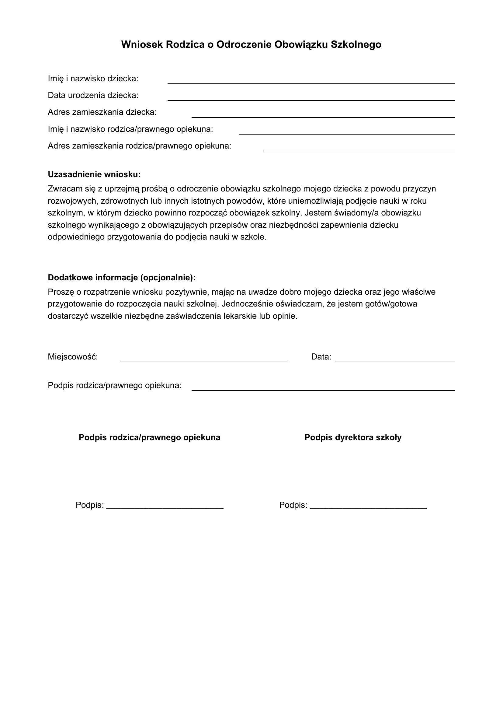 Wniosek Rodzica O Odroczenie Obowiązku Szkolnego - Wzór