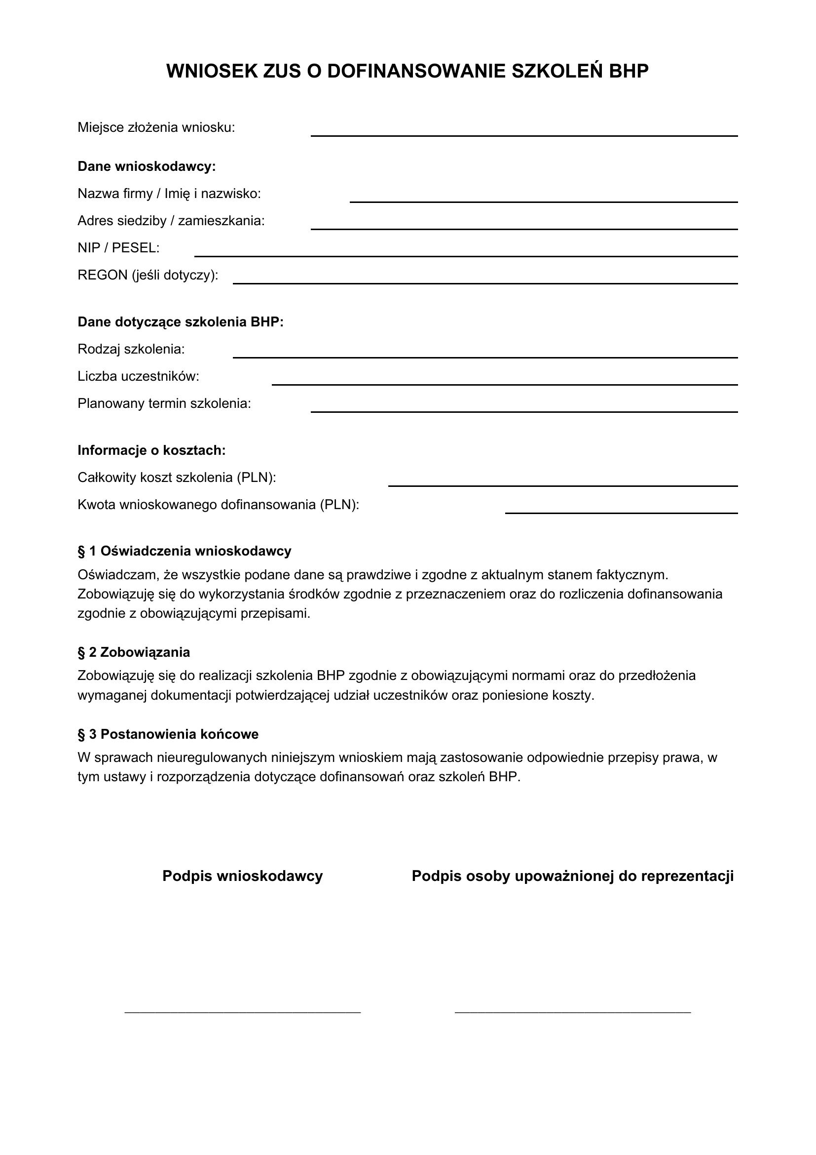 Wniosek Zus O Dofinansowanie Bhp Wzór