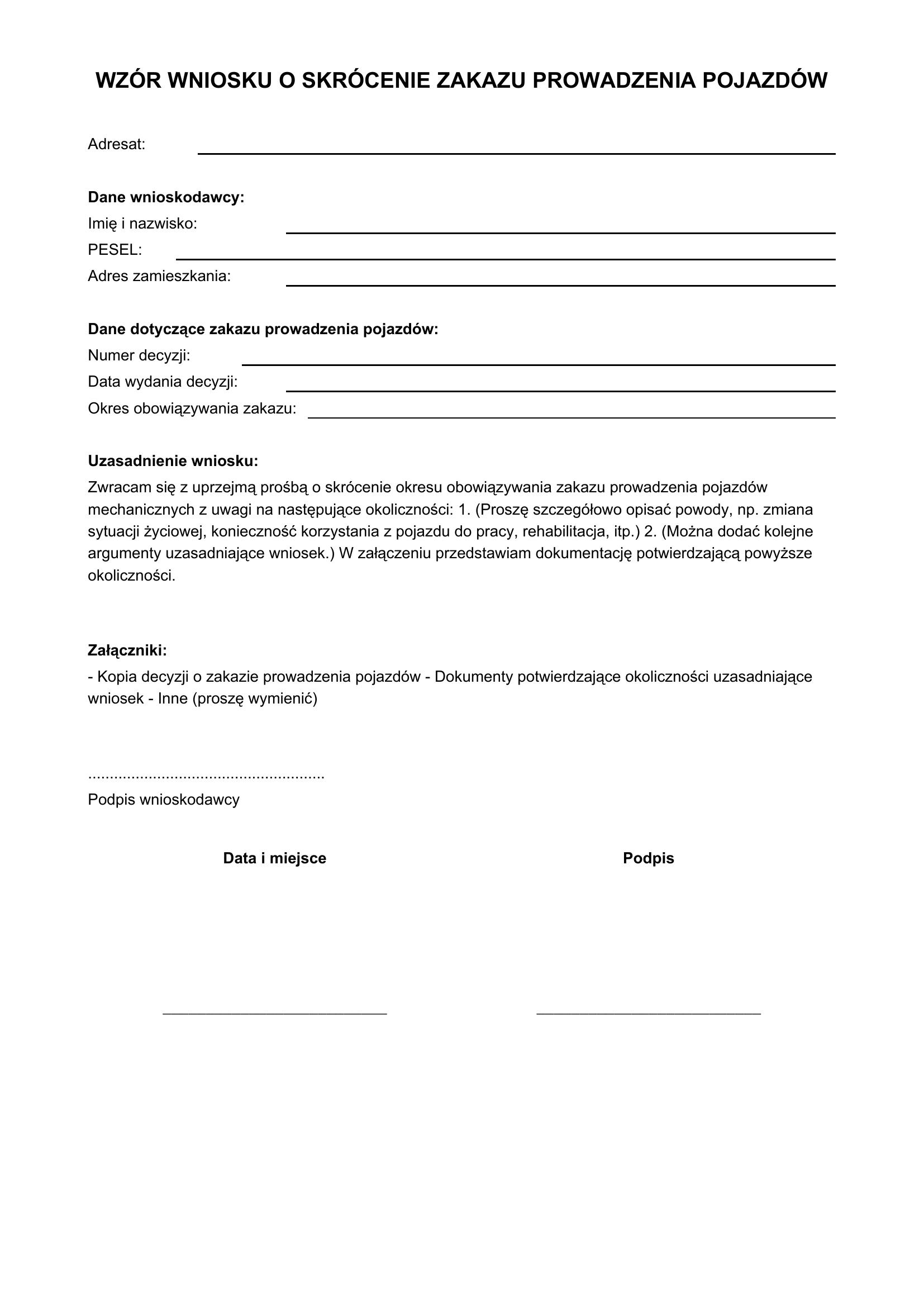 Wzór Wniosku O Skrócenie Zakazu Prowadzenia Pojazdów